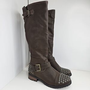Wet Seal Heeled Boots Tall Studded Buckle Accents Brown Women's Size 8